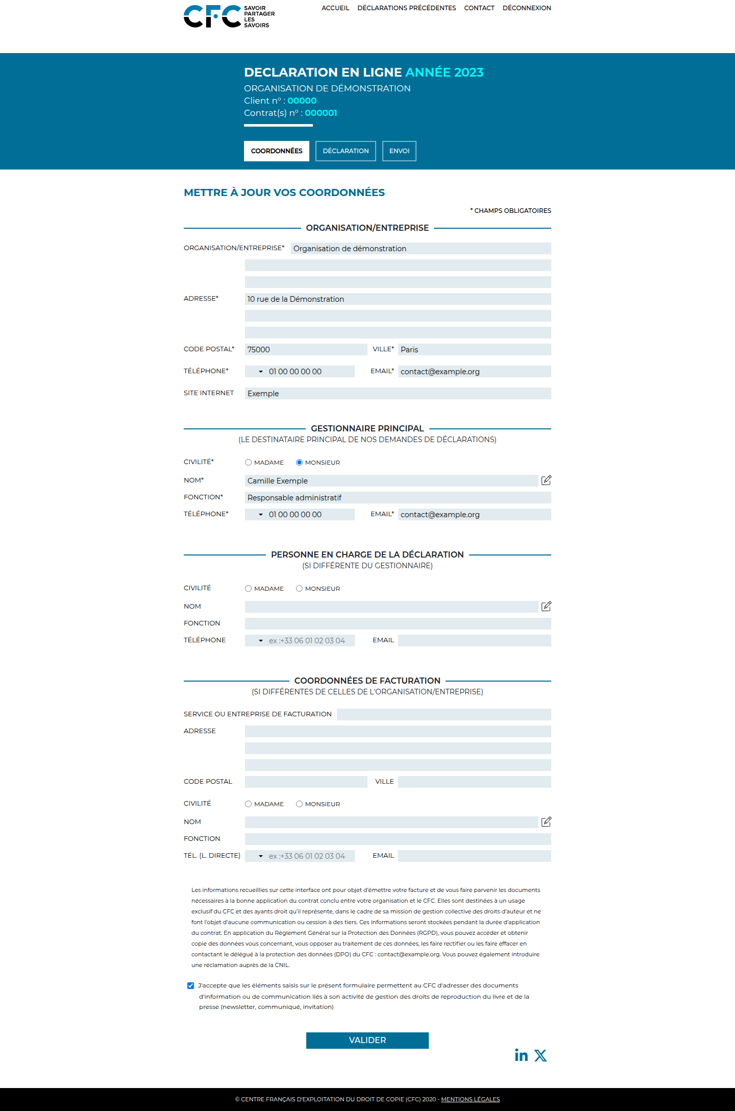 Interface CFC de démonstration : coordonnées