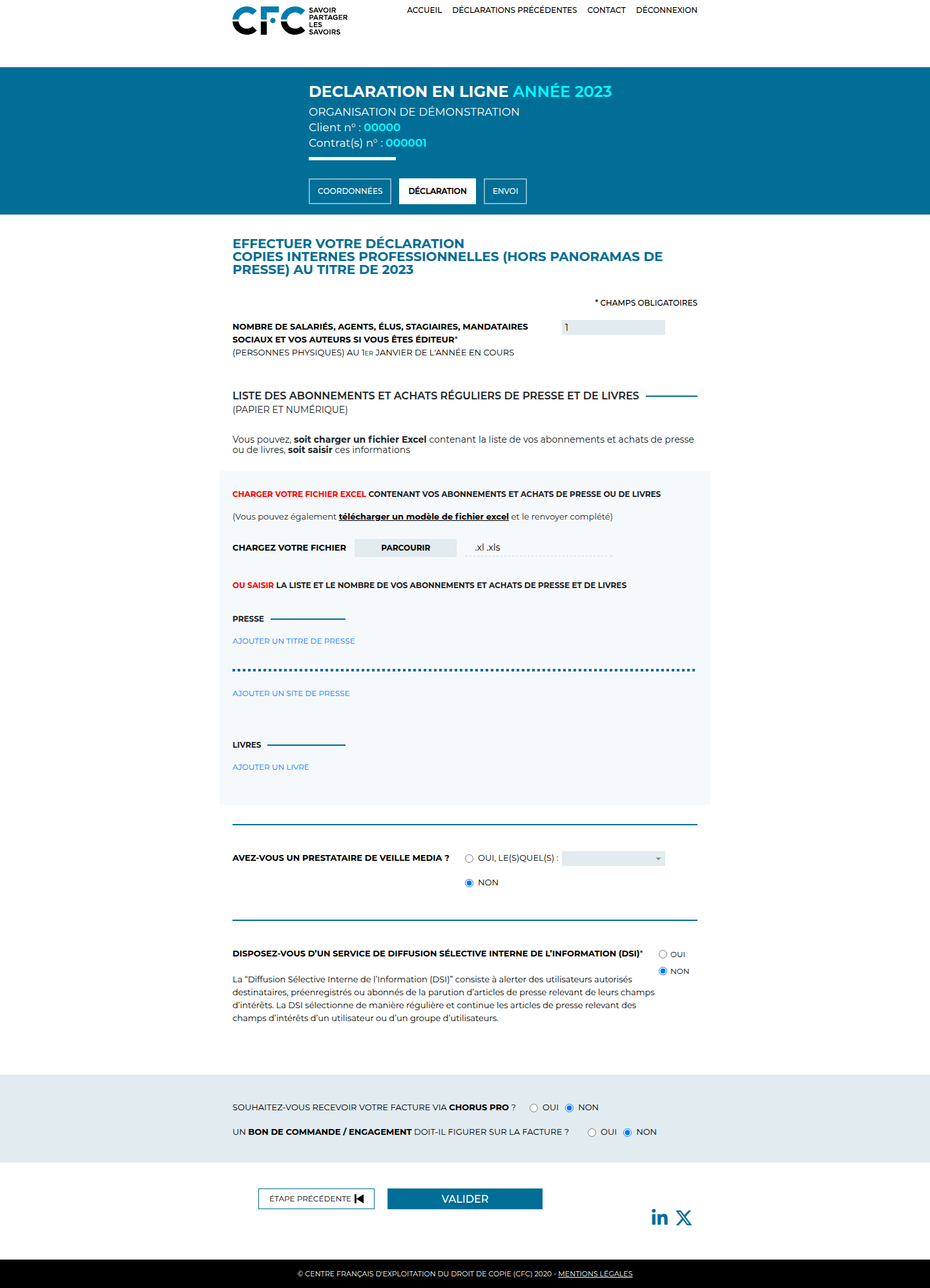 Interface CFC de démonstration : déclaration professionnelle