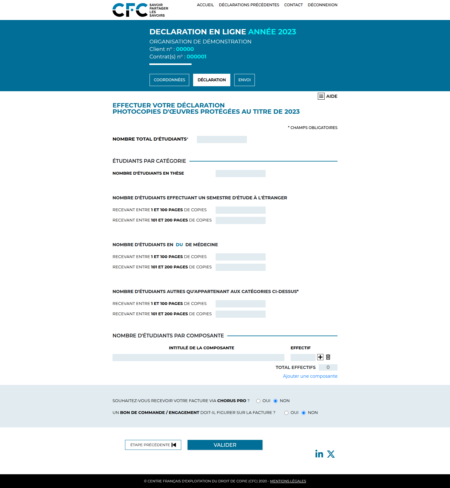 Interface CFC de démonstration : déclaration enseignement